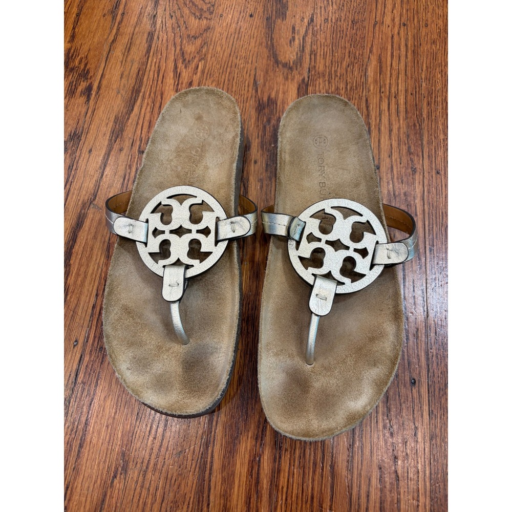 Tory Burch Miller Cloud Gold Logo Thong Sandals Brown Leather Size 9